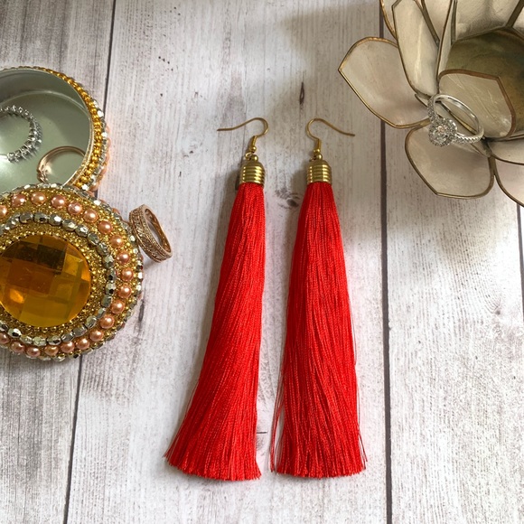 Red Tassel Drop Earrings - Picture 2 of 7